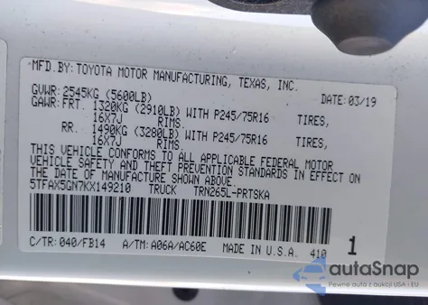 2019 Toyota Tacoma Sr z USA, uszkodzony, nr VIN 5TFAX5GN7KX149210